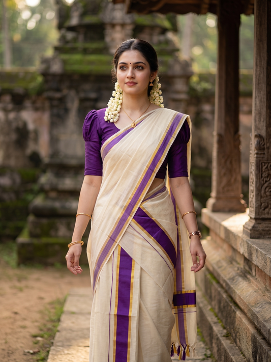 Southloom Kerala Cotton Single Set Mundu (Mundum Neriyathum) with Kasavu and Violet Border SLKK SL518