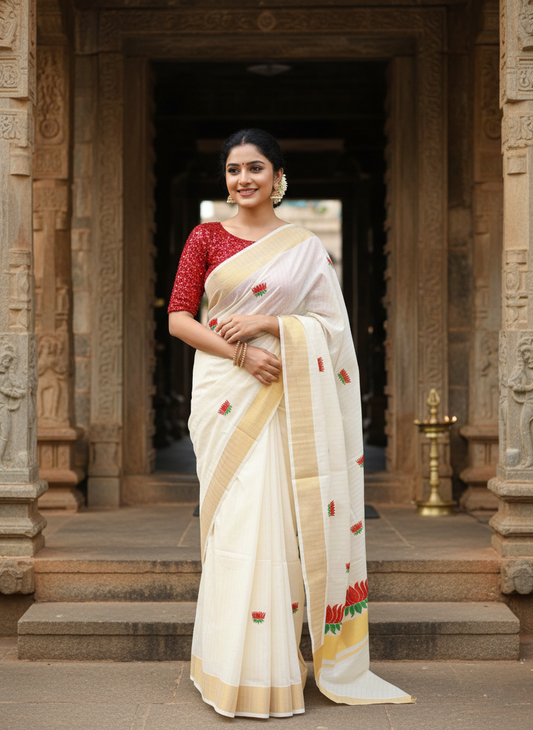 Southloom Kerala Cotton Kasavu Line Saree with Red Lotus Embroidery Works