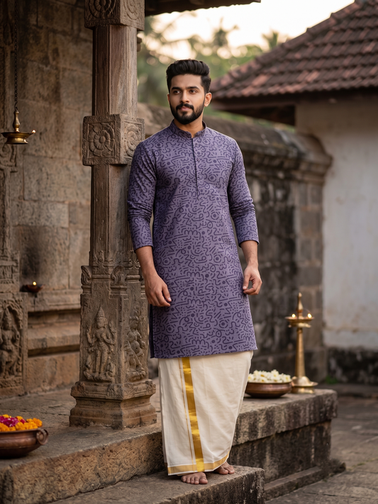 Southloom Blue Printed Semi Silk Short Kurta for Men SL590