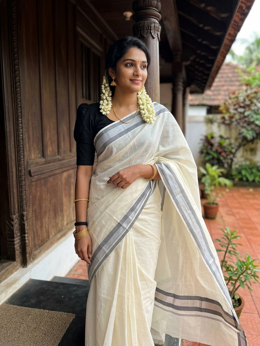 Pure Cotton Kerala Saree with Silver Kasavu and Black Line Border