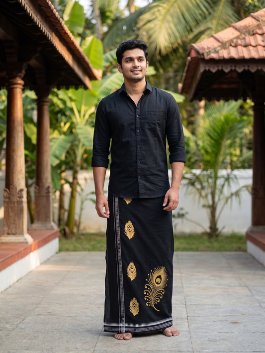 Southloom Black Printed Single Mundu / Otta Mundu / Lungi (South Indian Kerala Dhoti) with Peacock FeatherPrint SL580