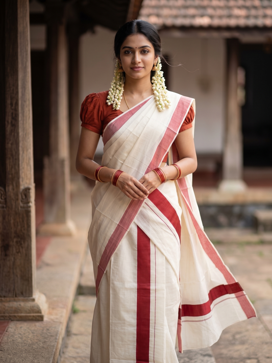 Southloom Kerala Cotton Set Mundu (Mundum Neriyathum) with Kasavu and Brick Red Border