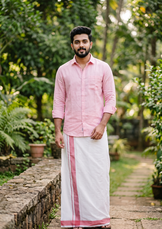 Southloom Pure White Single Cotton Mundu with Pink Border (South Indian Kerala Dhoti)