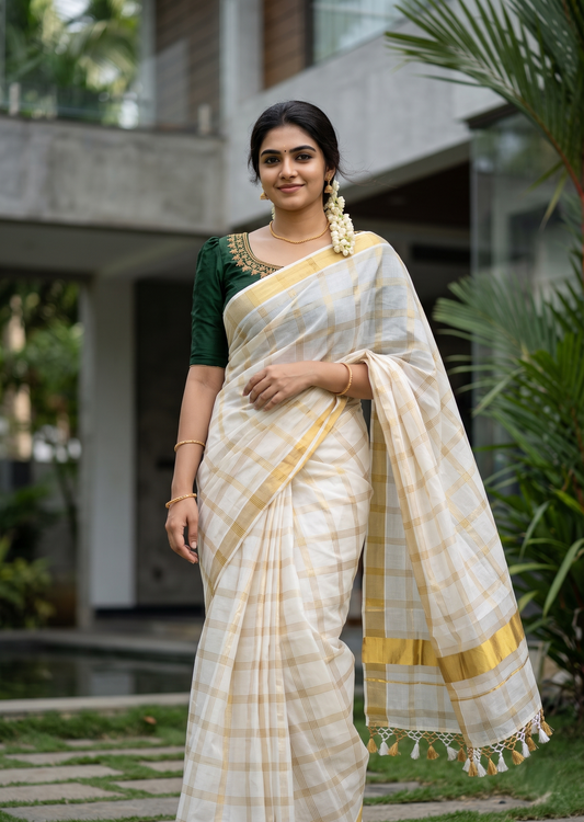Southloom Kerala Cotton Kasavu Saree with Check Design on Body