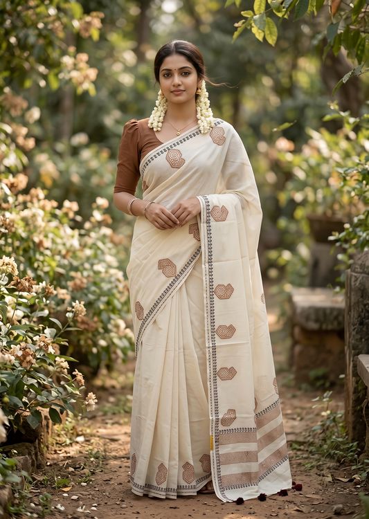 Southloom Kerala Cotton Saree with With Floral Digital Prints on Dark Purple& Mustard Yellow Borders SL521