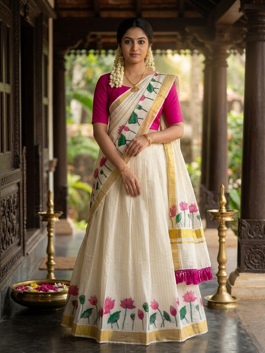 Southloom Semi Stitched Cotton Stripes Dhavani Set with Pavada and Pink Blouse Piece with Lotus Print