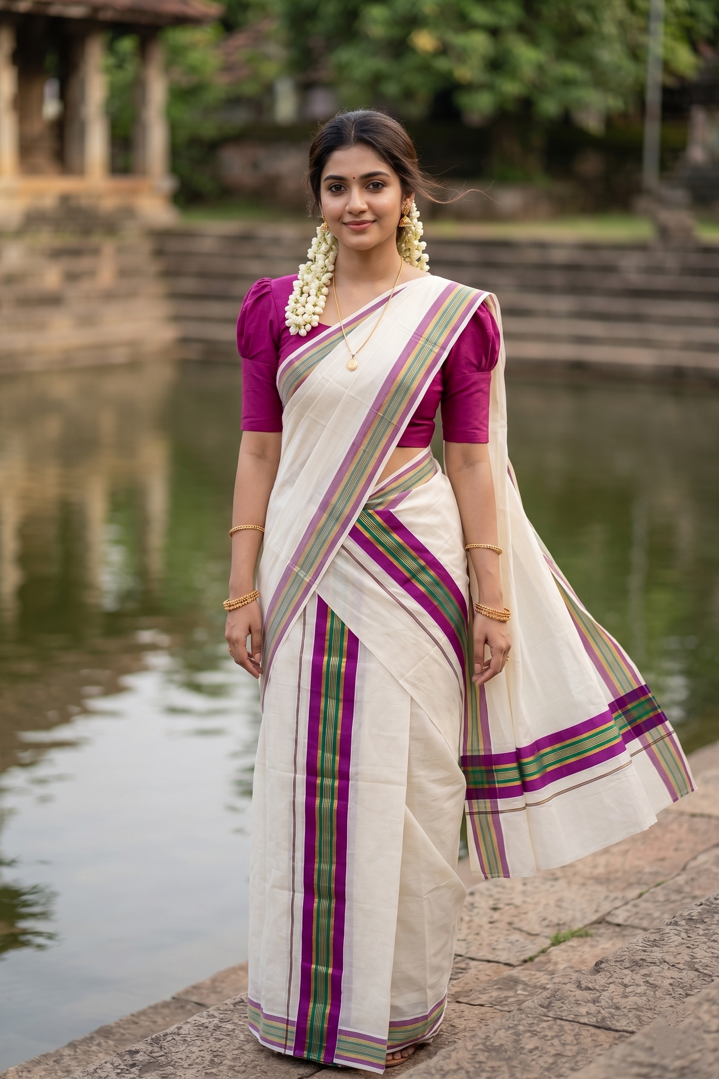 Southloom Kerala Cotton Kasavu Set Mundu (Mundum Neriyathum) with Magenta and Green Border 2.80 Mtrs SLKK