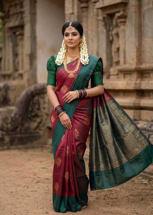 Southloom Pure Handloom Kanchipuram Silk Saree with Butta Work (Maroon & Green)