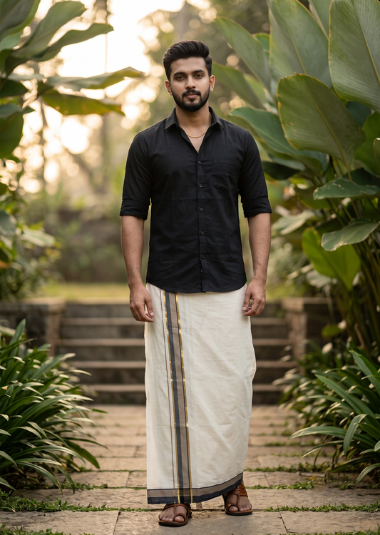 Southloom Pure Cotton Mundu with Siver Lines and Black & Brown  Border (South Indian Kerala Dhoti)