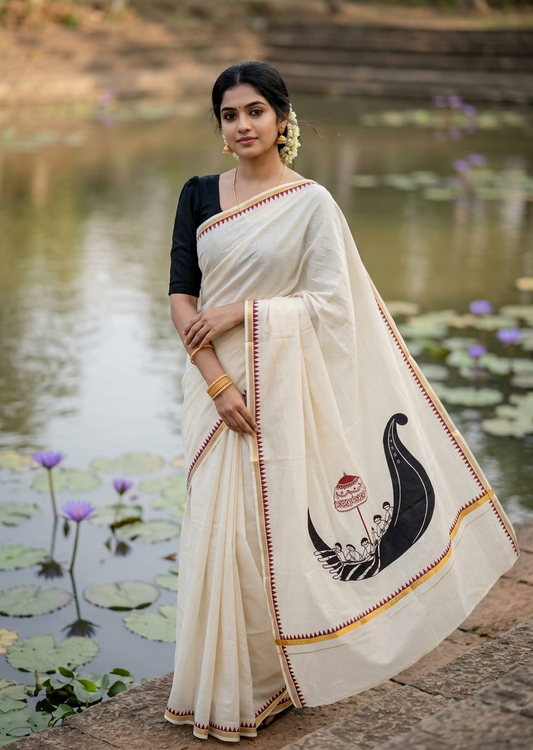 Southloom Pure Cotton Kerala Kasavu Saree with Digital & Temple Border SL592