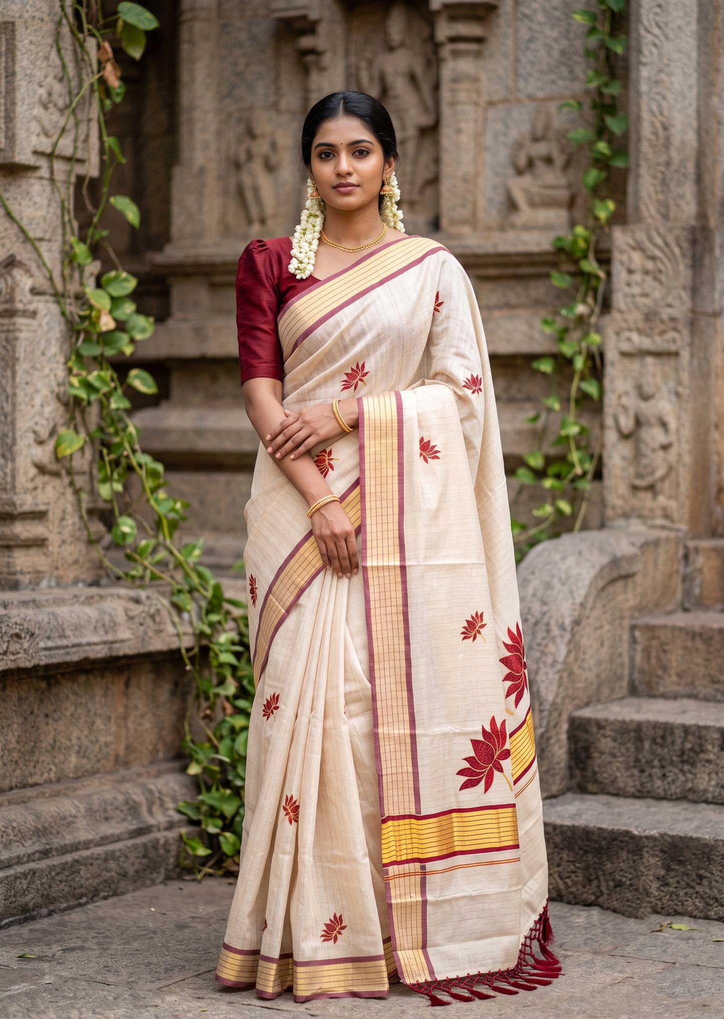 Southloom Kerala Tissue Kasavu Saree with Lotus Embroidery Works on Body in Maroon SL557