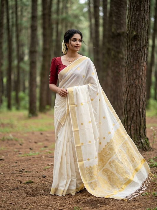 Southloom Pure Cotton Kerala Kasavu Heavy Work Saree with Paisley Floral Woven Design