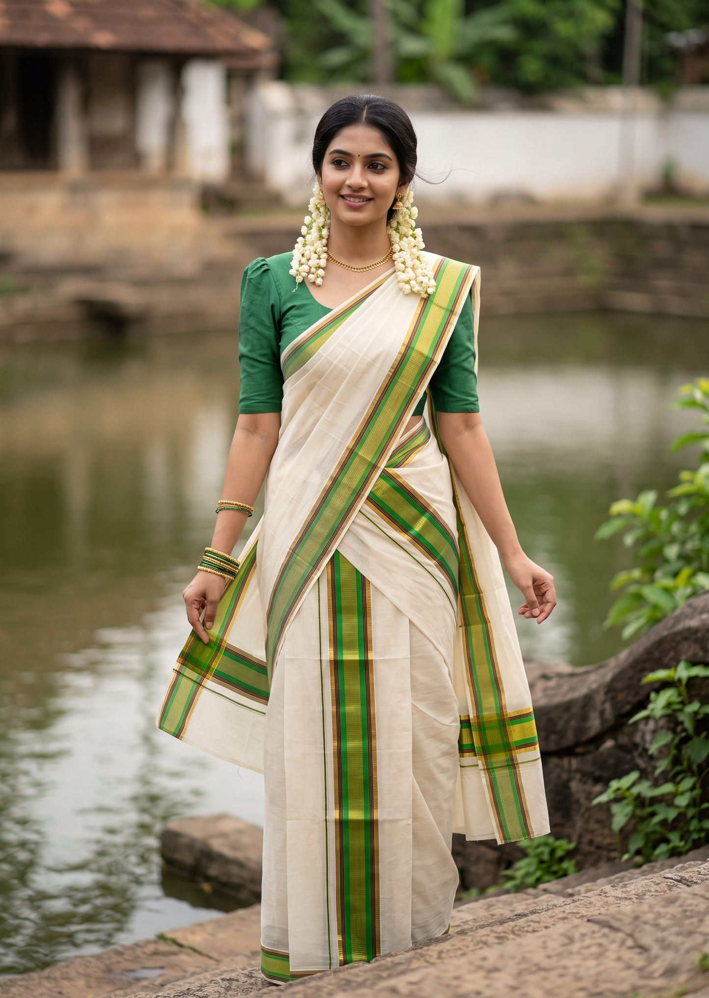 Kerala Cotton Set Mundu (Mundum Neriyathum) with Kasavu and Light Green& Maroon Border in 2.80 Mtrs SLKK SL470