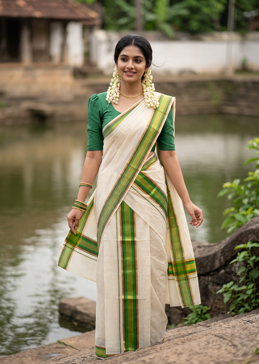 Kerala Cotton Set Mundu (Mundum Neriyathum) with Kasavu and Light Green& Maroon Border in 2.80 Mtrs SLKK SL470
