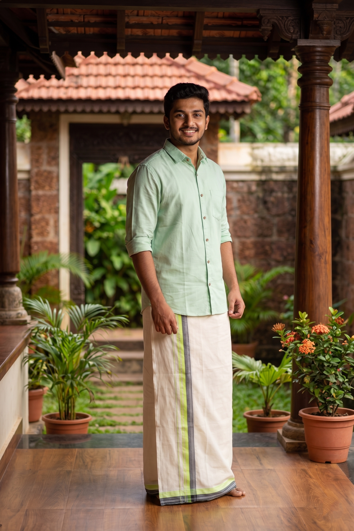 Off White Pure Cotton Double Mundu with Green and Grey Kara (South Indian Kerala Dhoti)