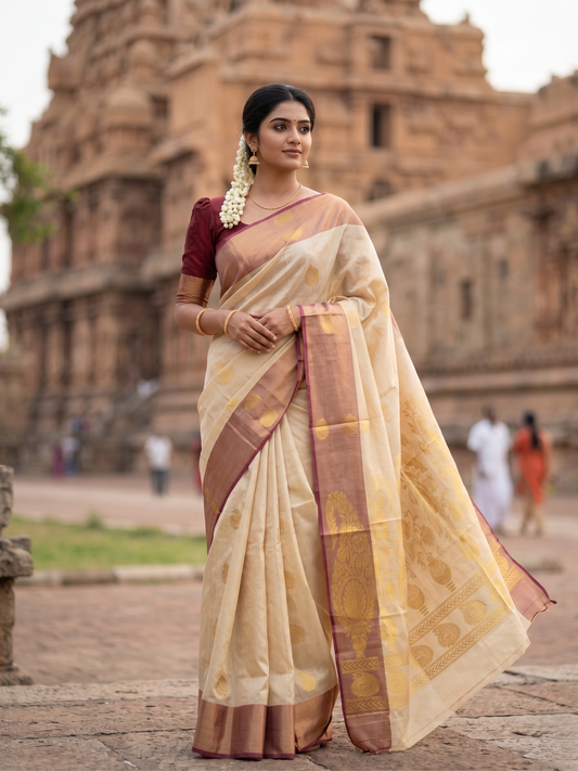 Southloom  Kerala Tissue Kasavu Heavy Work Saree with Peacock Design And Maroon Border SL483