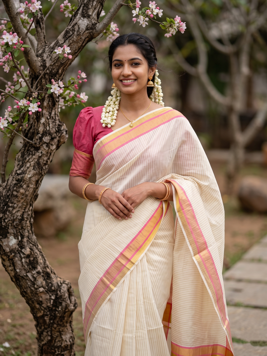 Southloom Kerala Cotton Kasavu Saree with Stripes on Body in Pink Border SL356