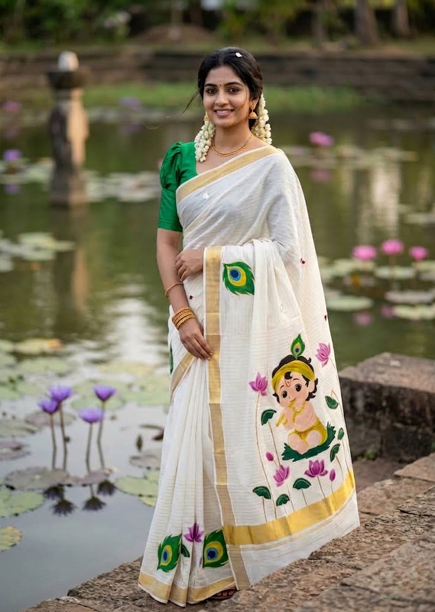Southloom Cotton Kerala Kasavu Saree with Hand Painted Embroidery Krishna Design  SL596