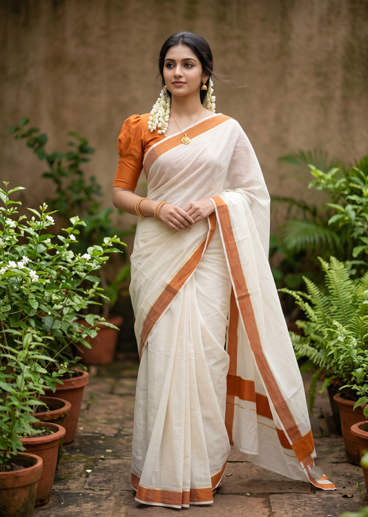 Southloom Pure Cotton Kerala Saree with Plain Dark Orange Border