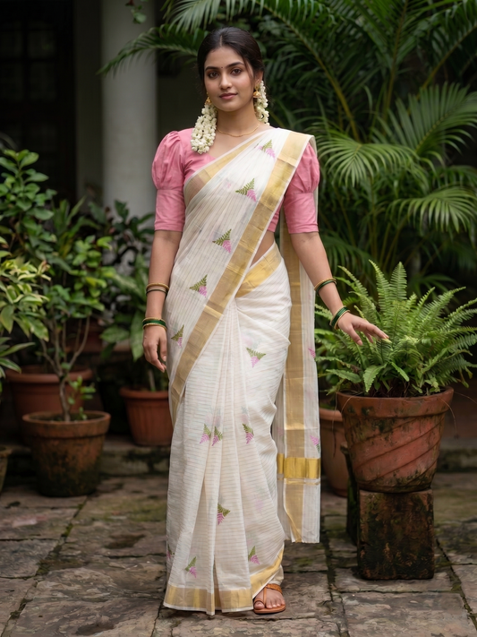 Southloom Kerala Cotton Kasavu Stripes Saree with Floral Embroidery Design in Pink and Green