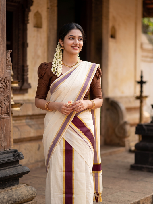 Southloom Kerala Cotton Single Set Mundu (Mundum Neriyathum) with Kasavu and Brown Border SLKK SL518