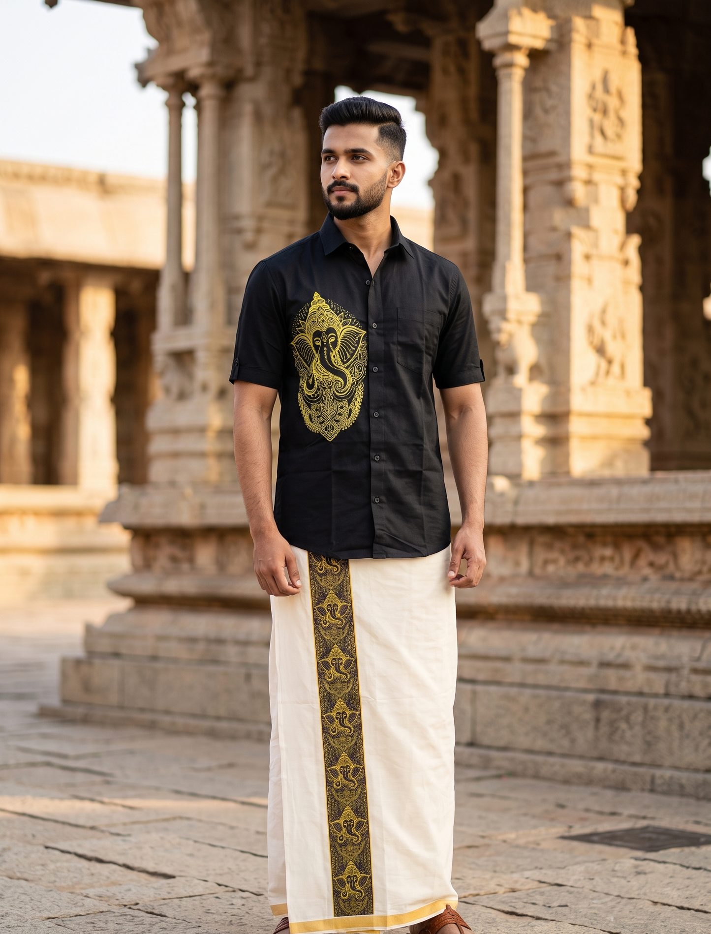 Southloom Ganesha Art Work Men's Combo (Shirt + Mundu)