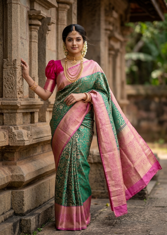 Southloom Premium Handloom Bridal Kanchipuram Silk Saree with Korvai Work (Green & Pink)