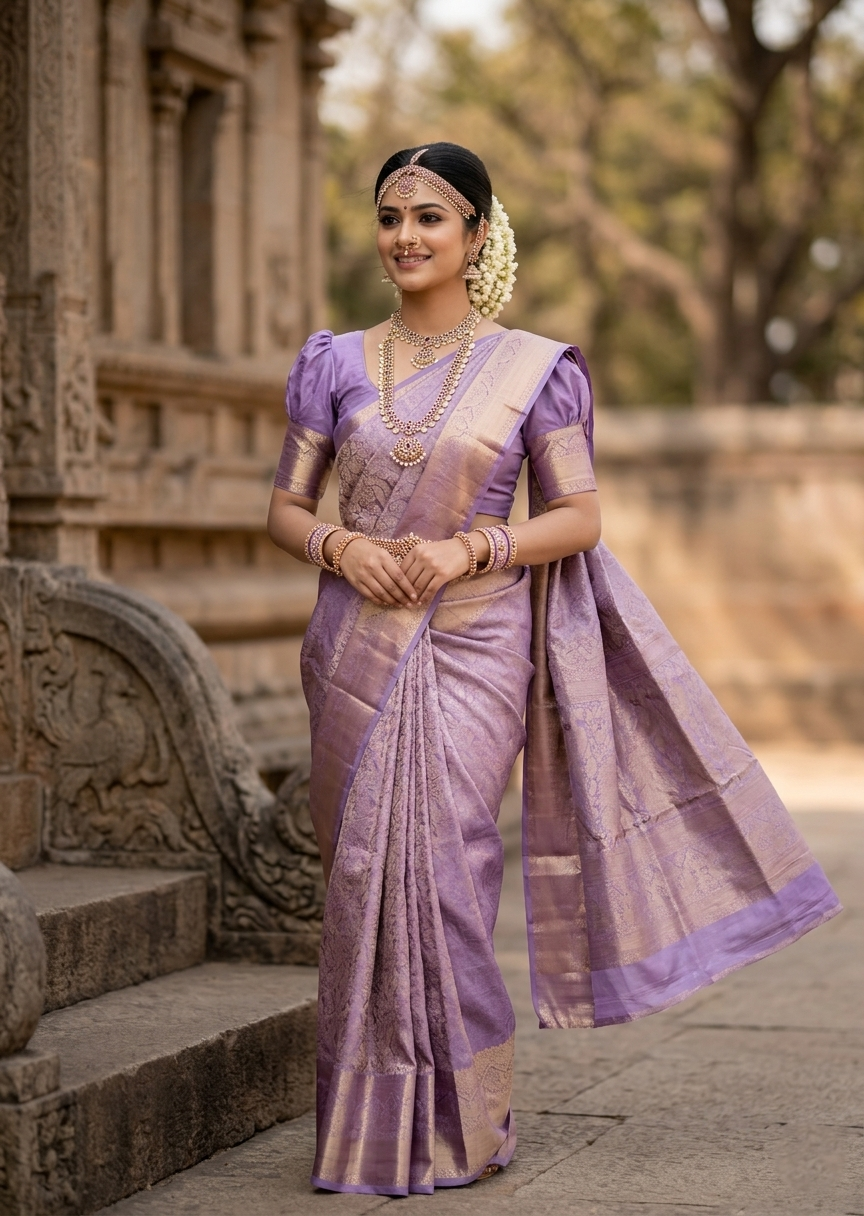 Southloom Pure Handloom Bridal Kanchipuram Silk Saree with Korvai Work (Lavendar)
