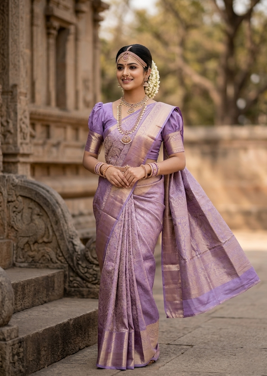 Southloom Pure Handloom Bridal Kanchipuram Silk Saree with Korvai Work (Lavendar)