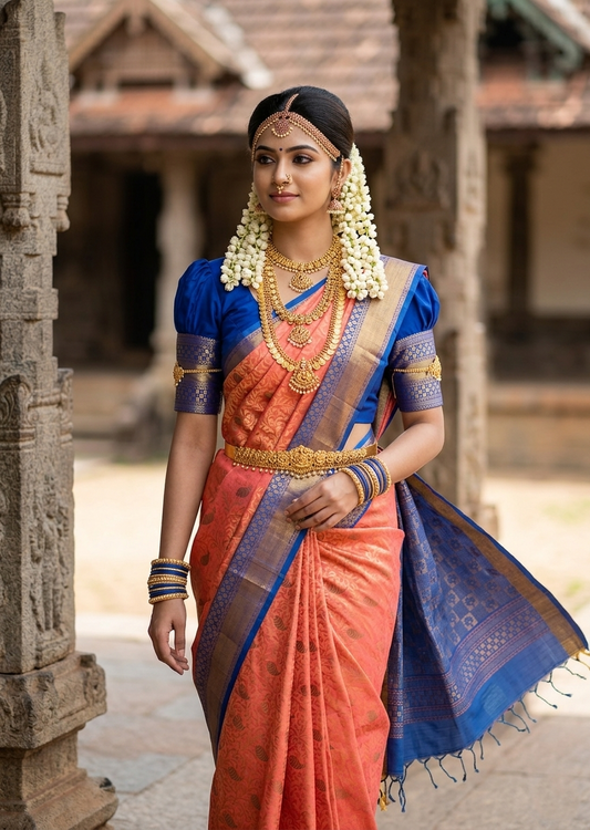 Southloom Pure Handloom Kanchipuram Silk Saree Korvai Zari Work (Blue & Peach)