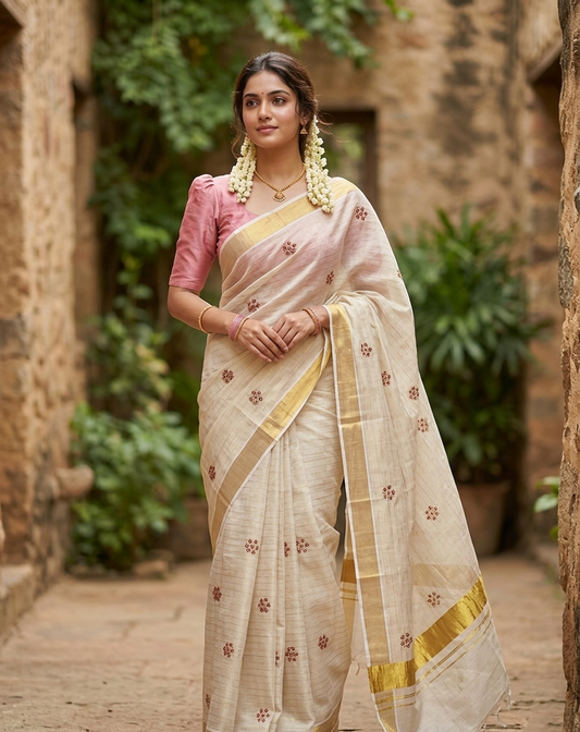 Southloom Kerala Tissue Kasavu Lines Saree with Pink Floral Embroidery Design on Body