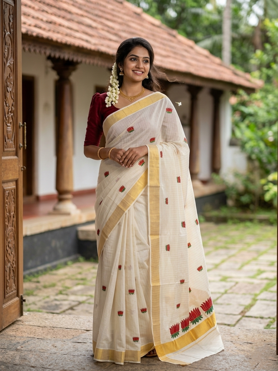 Southloom Kerala Cotton Kasavu Line Saree with Maroon Lotus Embroidery Works SL289