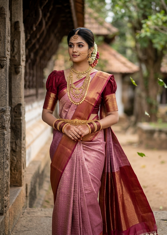 Southloom Premium Semi Silk Zari Work Bridal Brocade Saree in Pink with Matching Pallu