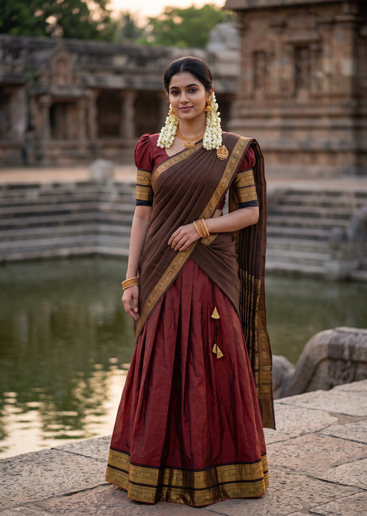 Kerala Southloom Semi UnStitched Kanchi Cotton Dhavani Set with Pavada and Blouse Piece In Cofee Brown SL585