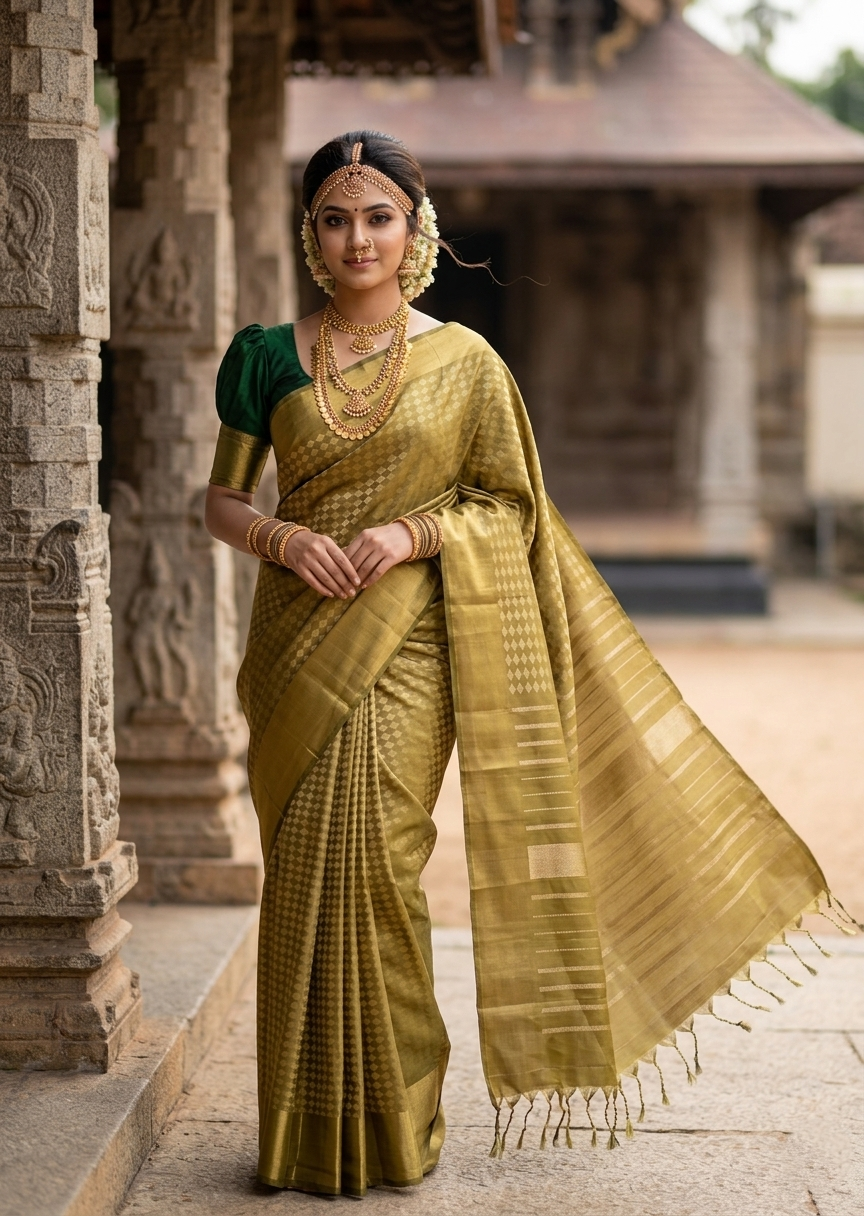 Southloom Pure Handloom Kanchipuram Silk Saree with Korvai Work (Green)