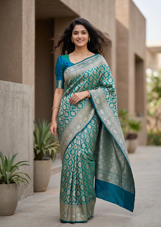Southloom Pure Banarasi Silk Saree with Woven Work on Body and Borders (Peacock Green And Blue)