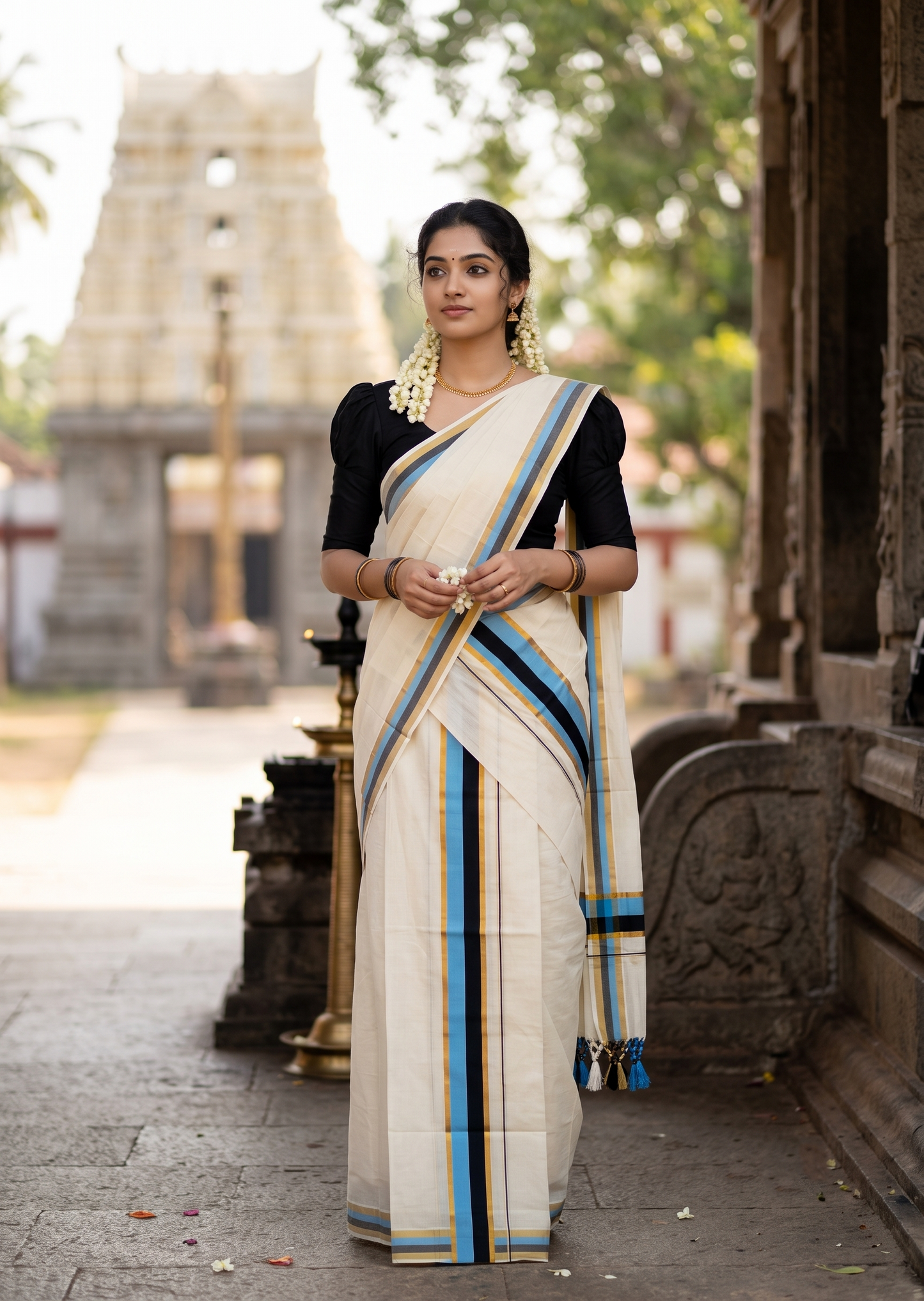Southloom Kerala Cotton Kasavu Single Set Mundu (Mundum Neriyathum) with Black and Blue Border SLKK SL518