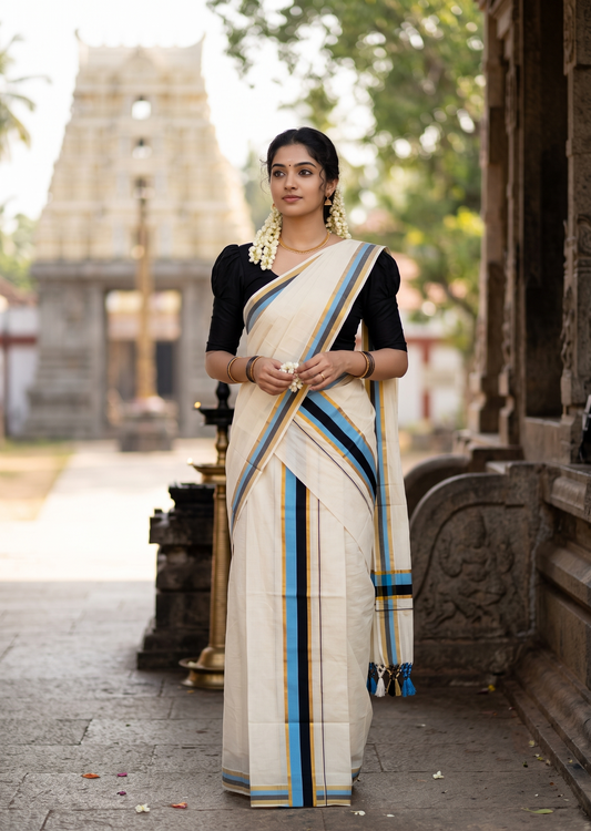 Southloom Kerala Cotton Kasavu Single Set Mundu (Mundum Neriyathum) with Black and Blue Border SLKK SL518