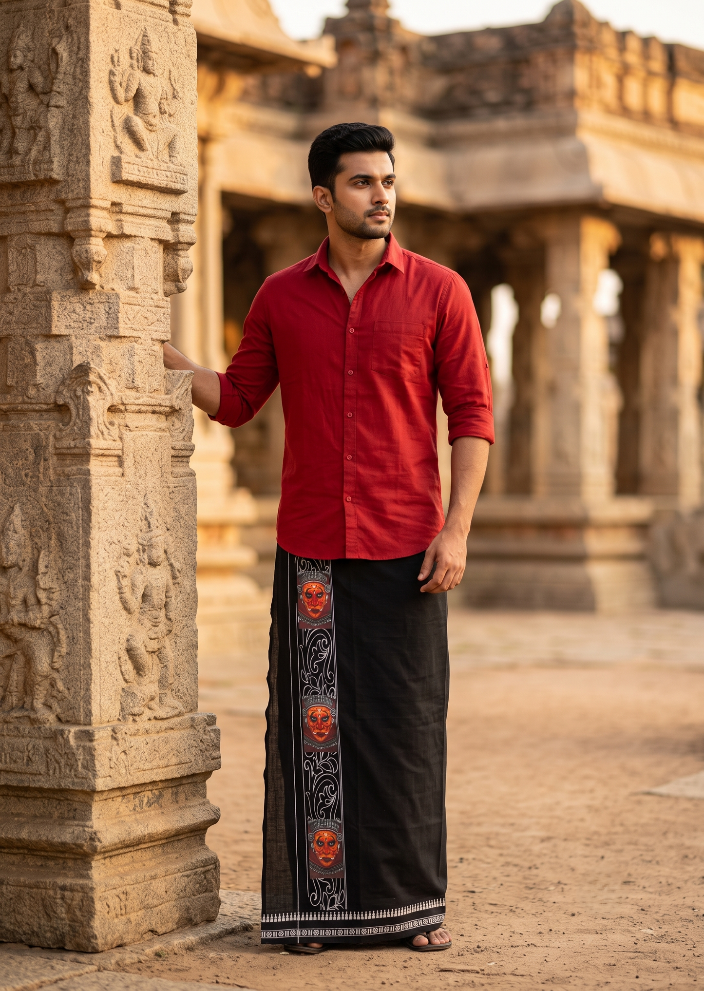 Southloom Black Printed Single Mundu / Otta Mundu / Lungi (South Indian Kerala Dhoti)
