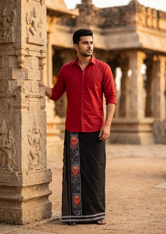 Southloom Black Printed Single Mundu / Otta Mundu / Lungi (South Indian Kerala Dhoti)