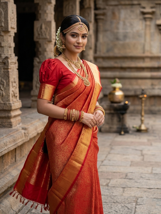 Southloom Pure Handloom Bridal Kanchipuram Silk Saree with Korvai Work