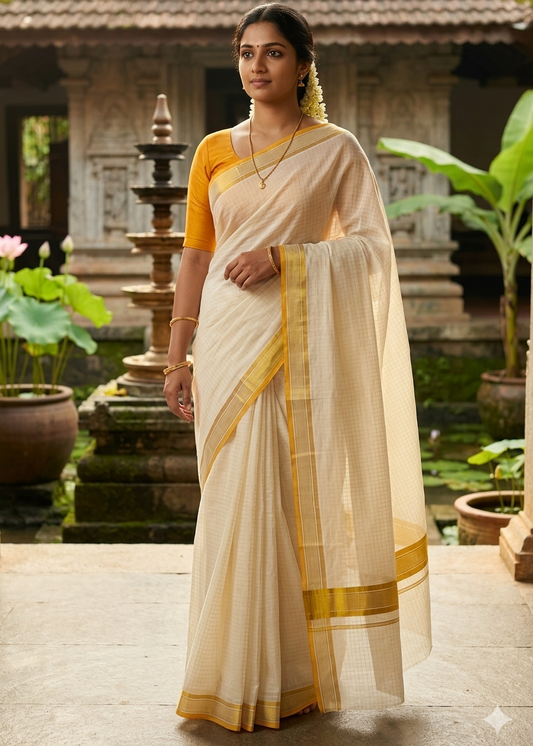 Kerala Cotton Saree with Check on Body with Balaramapuram Style Orange Borders SL195