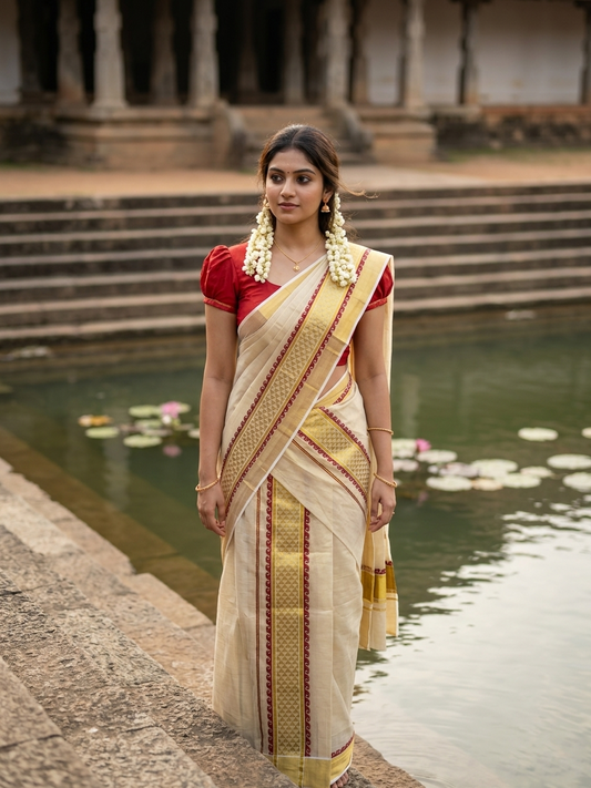 Kerala Tissue Single Set Mundu (Mundum Neriyathum) with Maroon and Kasavu Woven Border 2.80 Mtrs
