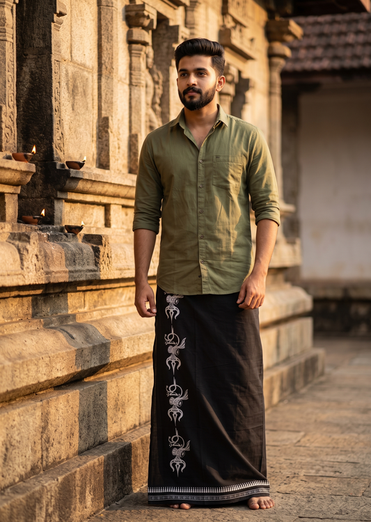 Southloom Black Printed Single Mundu / Otta Mundu / Lungi (South Indian Kerala Dhoti)