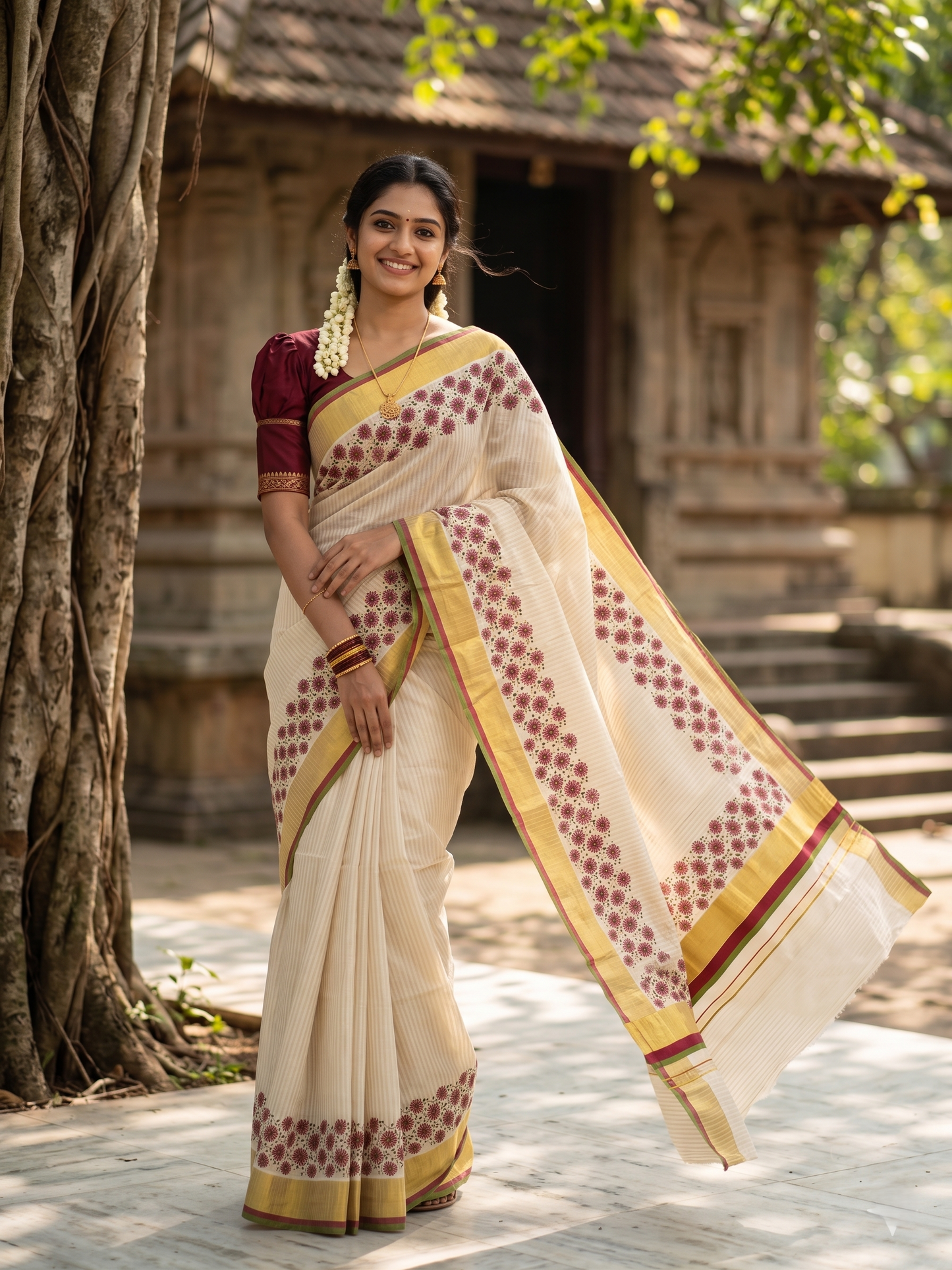 Southloom Kerala Cotton Kasavu Saree with Stripes And Floral Design on Body In Maroon and Olive Green Border SL357