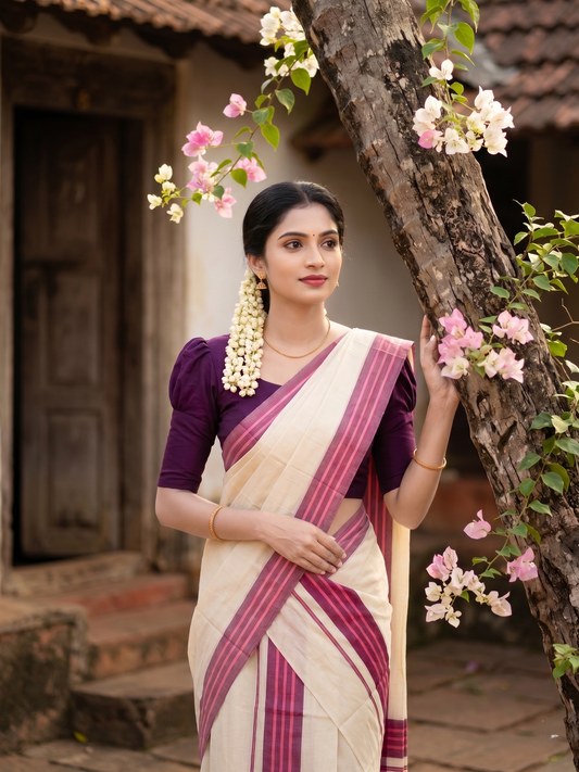 Southloom Kerala Mulloth Cotton Single Mundum Neriyathum with Multicolor Border In 2.80 Mtrs SL243