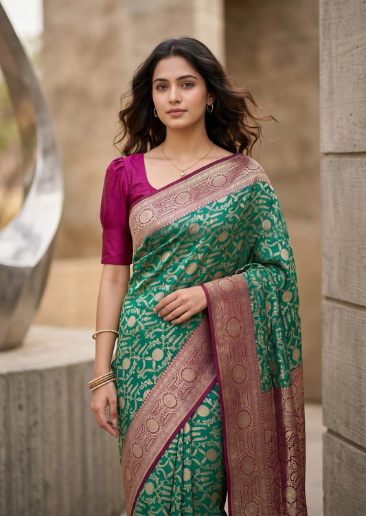 Southloom Pure Banarasi Silk Saree with Woven Work on Body and Borders (Peacock Green & Magenta)