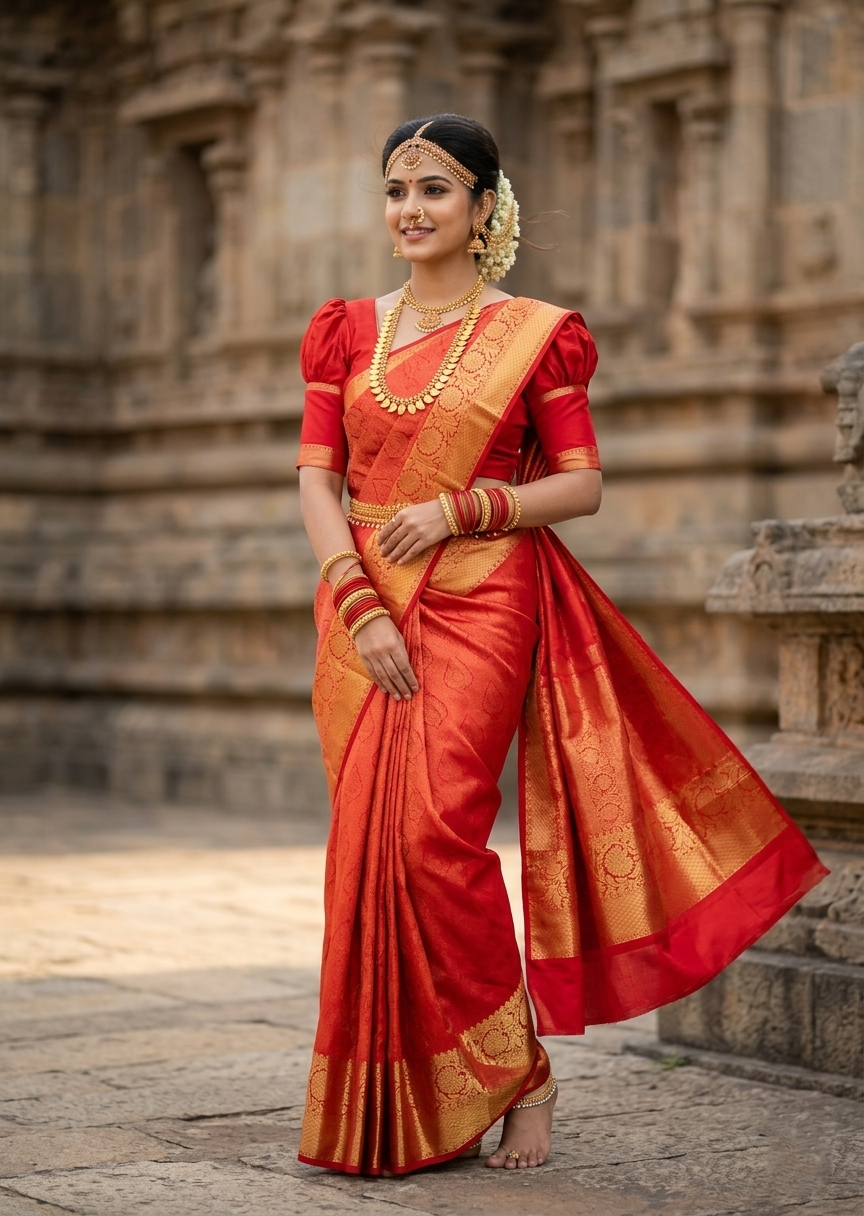 Southloom Pure Handloom Bridal Kanchipuram Silk Saree with Korvai Work (Red)