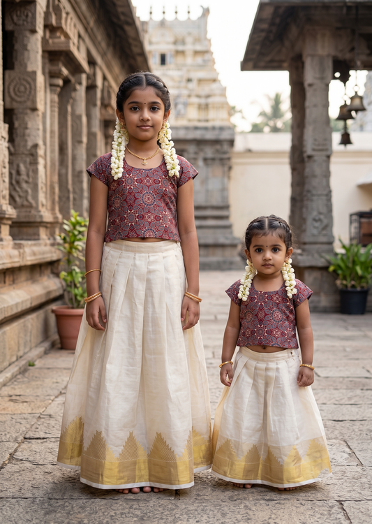 Southloom Kerala Tissue Kasavu Ajrakh Printed Pavada & Blouse with for Kids SL606
