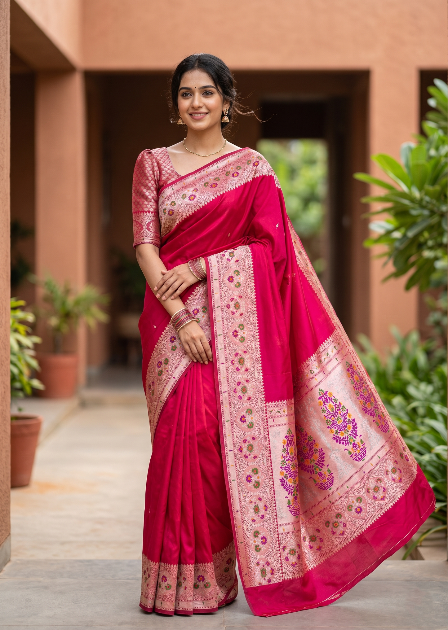 Southloom Satin Banarasi Silk Saree with Woven Work on Body And Borders In Red